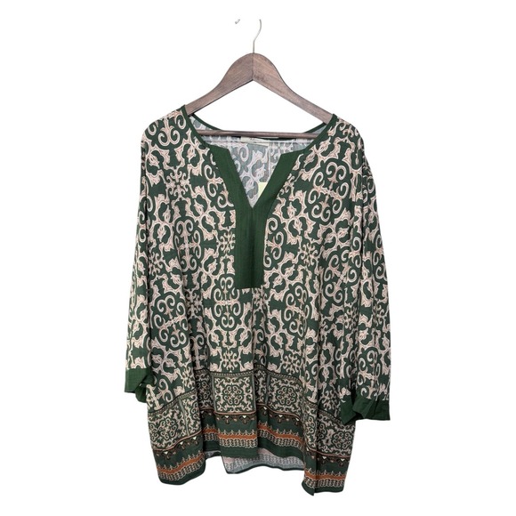 Bebonnie Tops - Bebonnie Tunic Top Women XXL Green Damask Print Split V-Neck 3/4 Sleeve Blouse